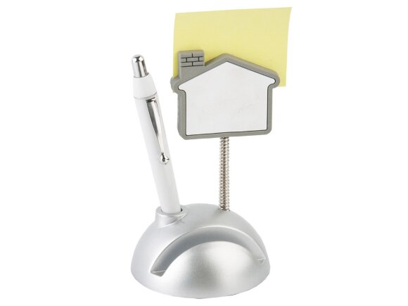 Подставка для визиток и ручки с держателем для бумаги Домик, серебристый/белый (Р) Подставка для визиток и ручки с держателем для бумаги Домик, серебристый/белый (Р)