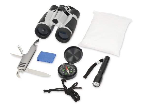 Набор путешественника: бинокль 4х30, мультиинструмент, фонарь, компас, дождевик, салфетка Набор путешественника: бинокль 4х30, мультиинструмент, фонарь, компас, дождевик, салфетка