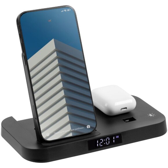 Зарядная станция с часами Clock Nest, черная Зарядная станция с часами Clock Nest, черная