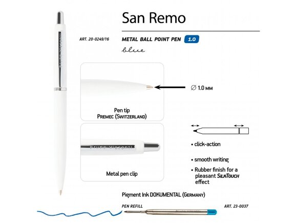 Ручка металлическая шариковая San Remo, софт тач, 1.0 мм, белая
