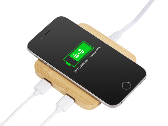 USB-хаб с беспроводной зарядкой из бамбука Plato USB-хаб с беспроводной зарядкой из бамбука Plato