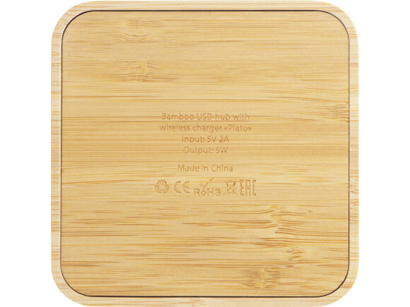 USB-хаб с беспроводной зарядкой из бамбука Plato USB-хаб с беспроводной зарядкой из бамбука Plato