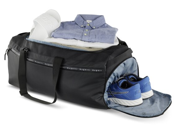 Сумка дорожная BUGATTI Blanc Delight, чёрная, нейлон RPET600D/тарпаулин/полиэстер, 67х32х29 см, 55 л Сумка дорожная BUGATTI Blanc Delight, чёрная, нейлон RPET600D/тарпаулин/полиэстер, 67х32х29 см, 55 л