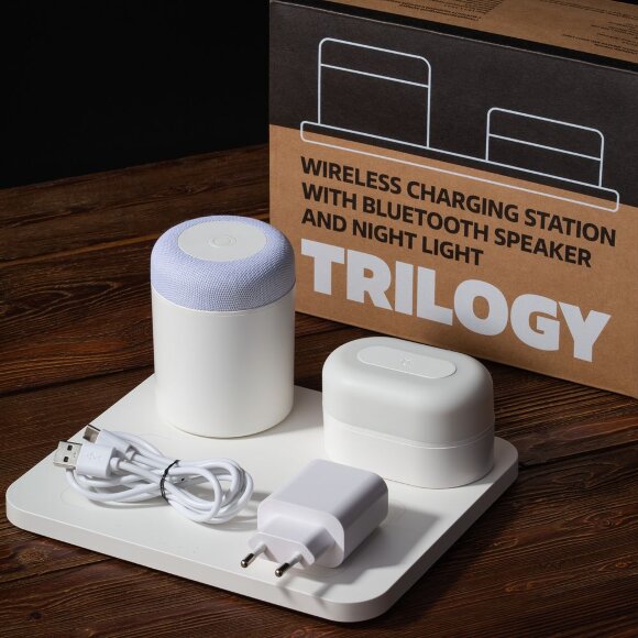 Станция беспроводной зарядки с колонкой и ночником Trilogy, белая Станция беспроводной зарядки с колонкой и ночником Trilogy, белая