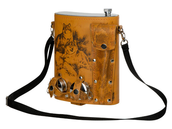 Набор Подарочный: фляга 511/2 (рыжая кожа), 2л+2 стаканчика+2 вилки Набор Подарочный: фляга 511/2 (рыжая кожа), 2л+2 стаканчика+2 вилки