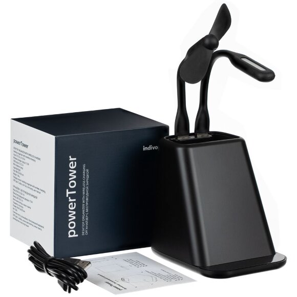 Настольный органайзер с зарядкой, лампой, вентилятором и подсветкой логотипа powerTower, черный