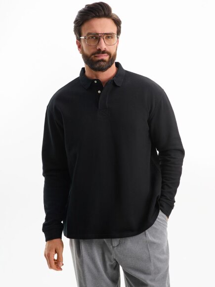 Рубашка поло оверсайз с длинным рукавом Heritage, черная Рубашка поло оверсайз с длинным рукавом Heritage, черная