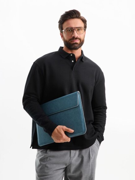 Рубашка поло оверсайз с длинным рукавом Heritage, черная Рубашка поло оверсайз с длинным рукавом Heritage, черная