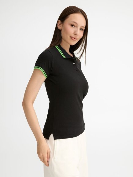 Рубашка поло женская Pasadena Women 200 с контрастной отделкой, черная с зеленым
