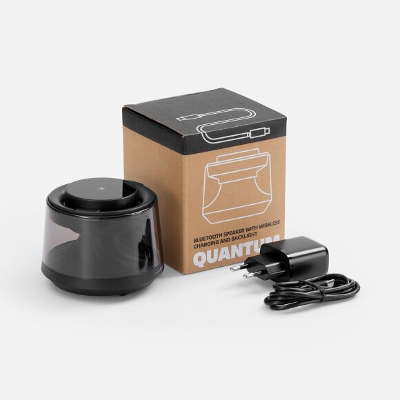 Bluetooth-колонка с подсветкой и беспроводной зарядкой Quantum, черная Bluetooth-колонка с подсветкой и беспроводной зарядкой Quantum, черная